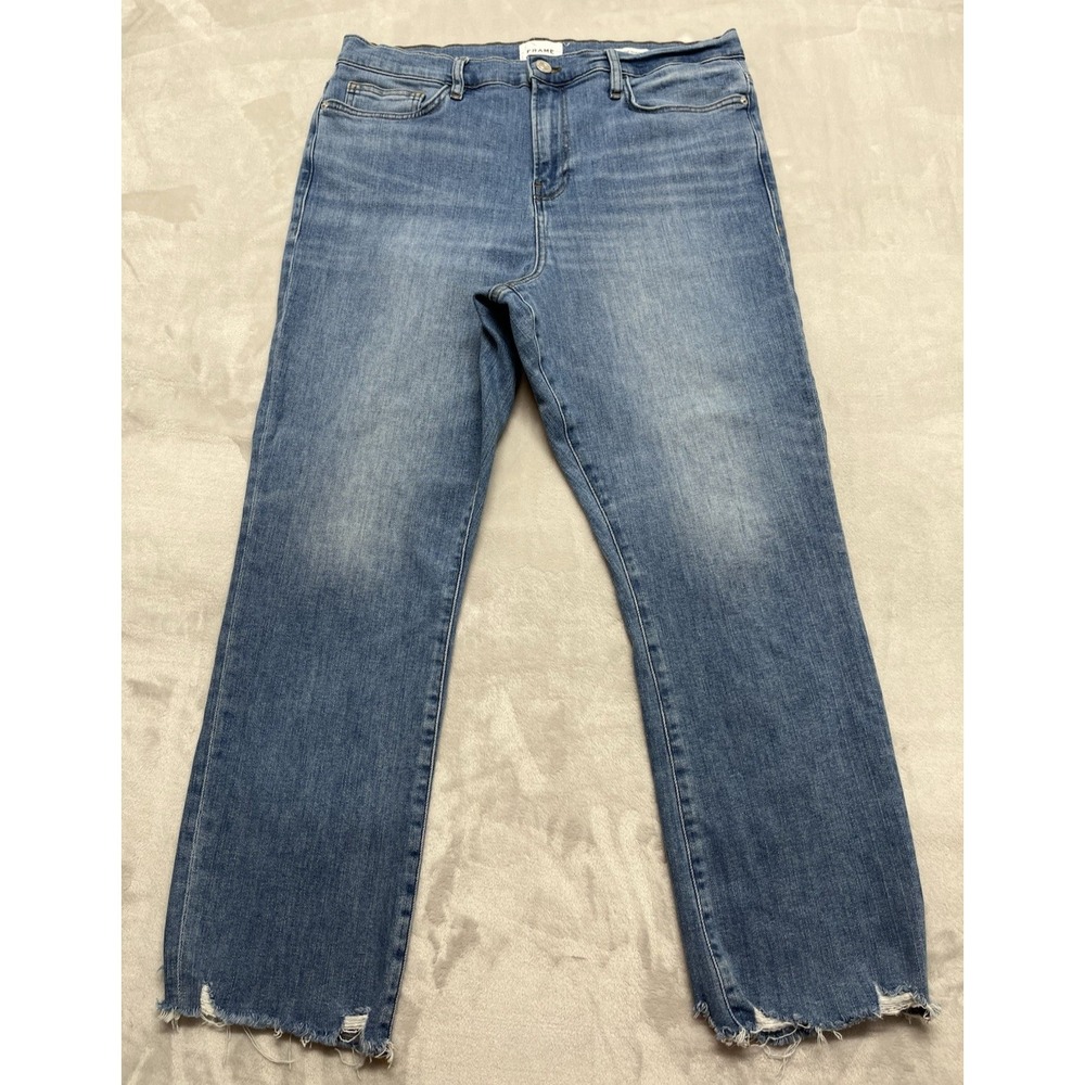 Frame Jean Women 33 Blue Wash Le High Straight-Leg Stretch Whisker Frayed Modern